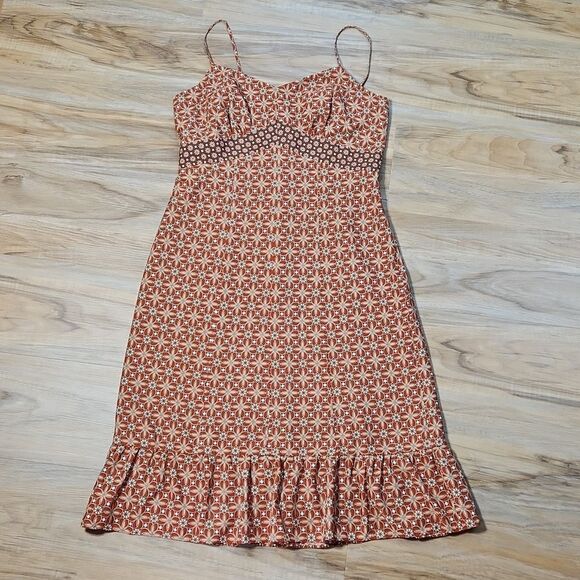 🔹️Loft Rust & Cream Spaghetti Strap Ruffle Midi Dress Petite 8 - Picture 1 of 11